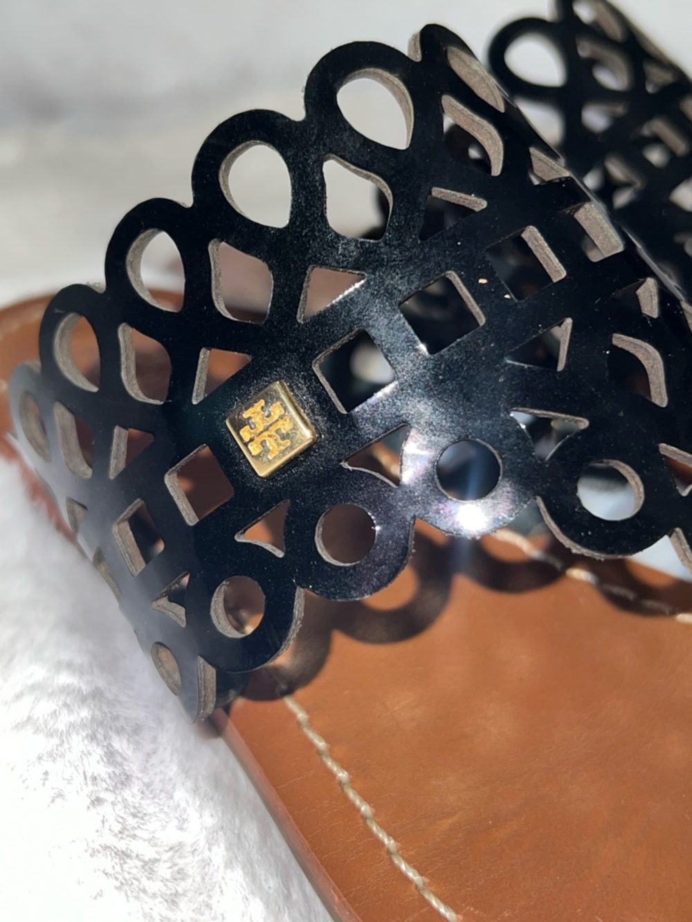 Tory Burch Black Laser-Cut Thong Sandals with Brown Footbed